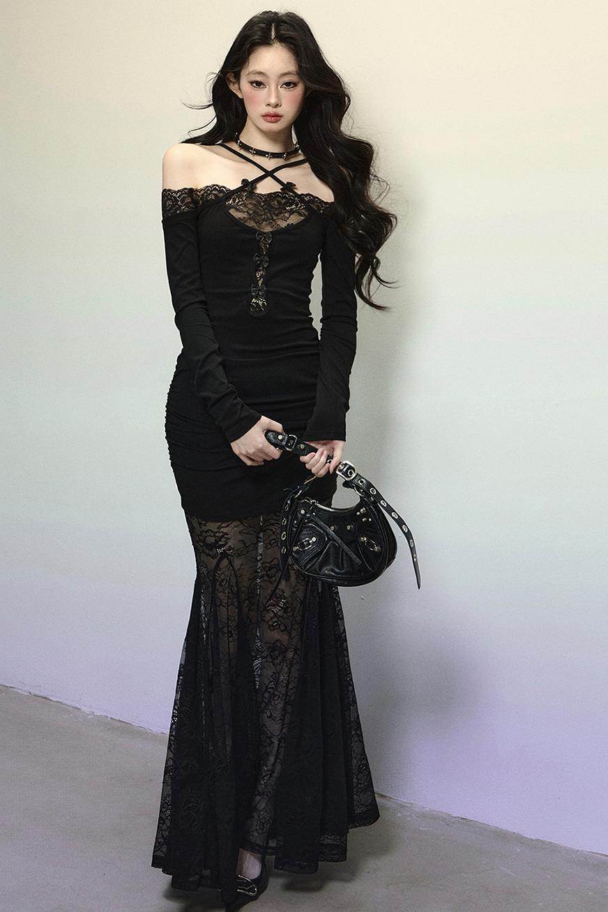 Elegant Lace Halter Long Dress - My Store