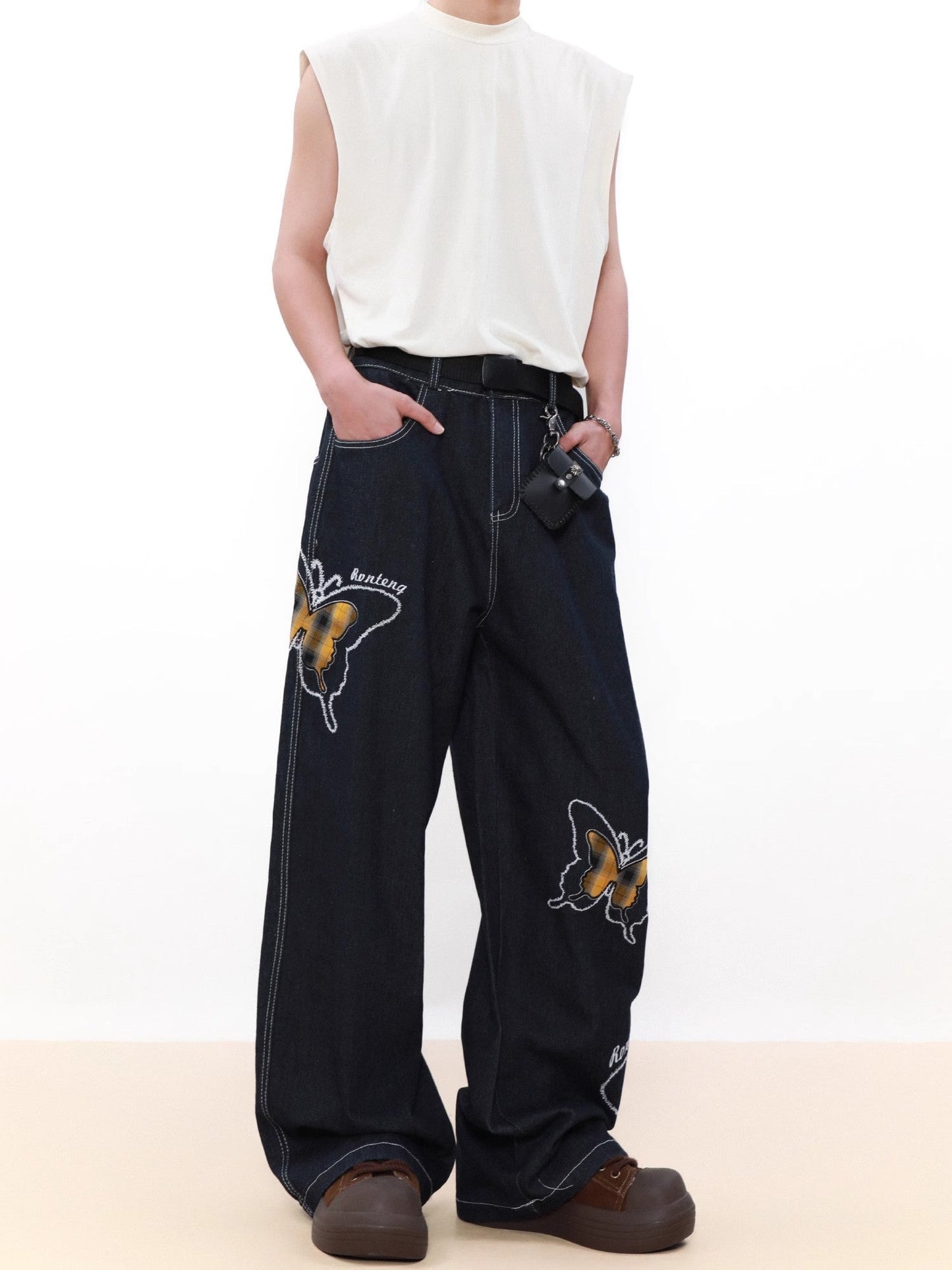 Butterfly Embroidery Straight Leg Denim Jeans