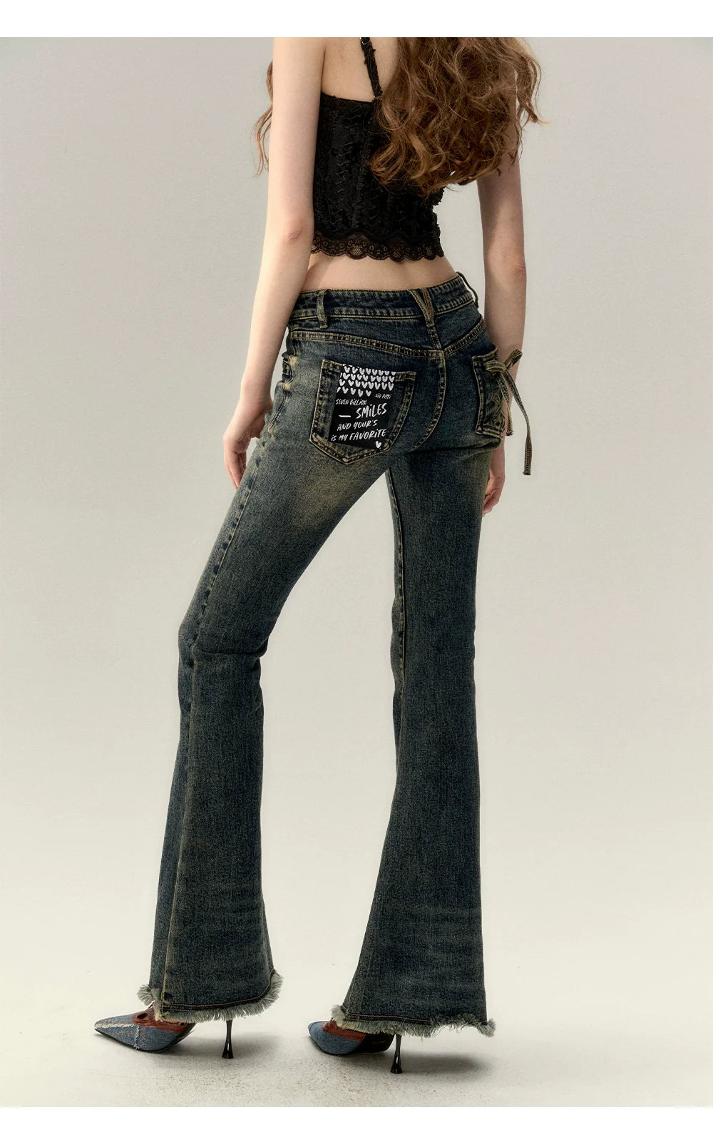 Dark Blue Denim Bow Wide-Leg Pants