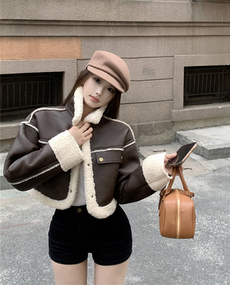 Contrast Cropped Leather Jacket