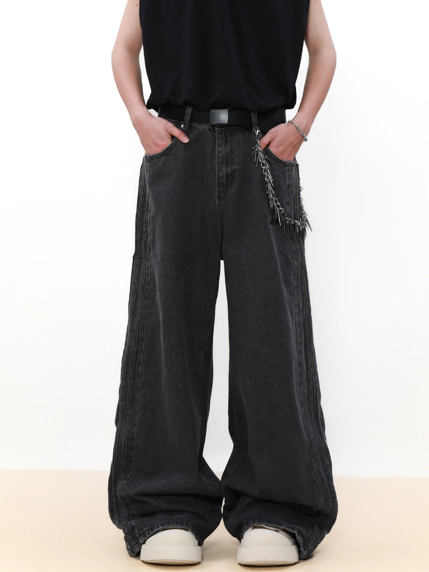Washed Striped Patchwork Straight Leg Denim Jeans