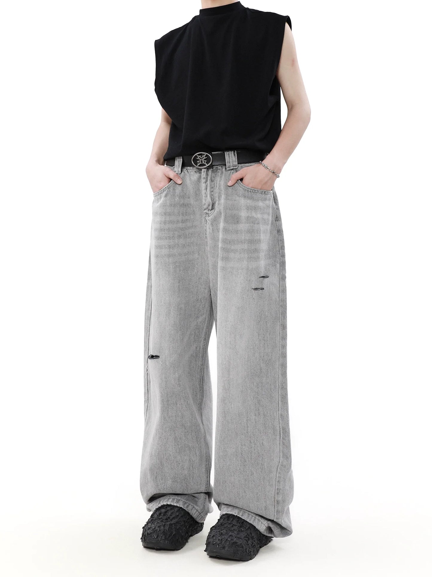 Wash Damage Wide-Leg Straight Denim Jeans