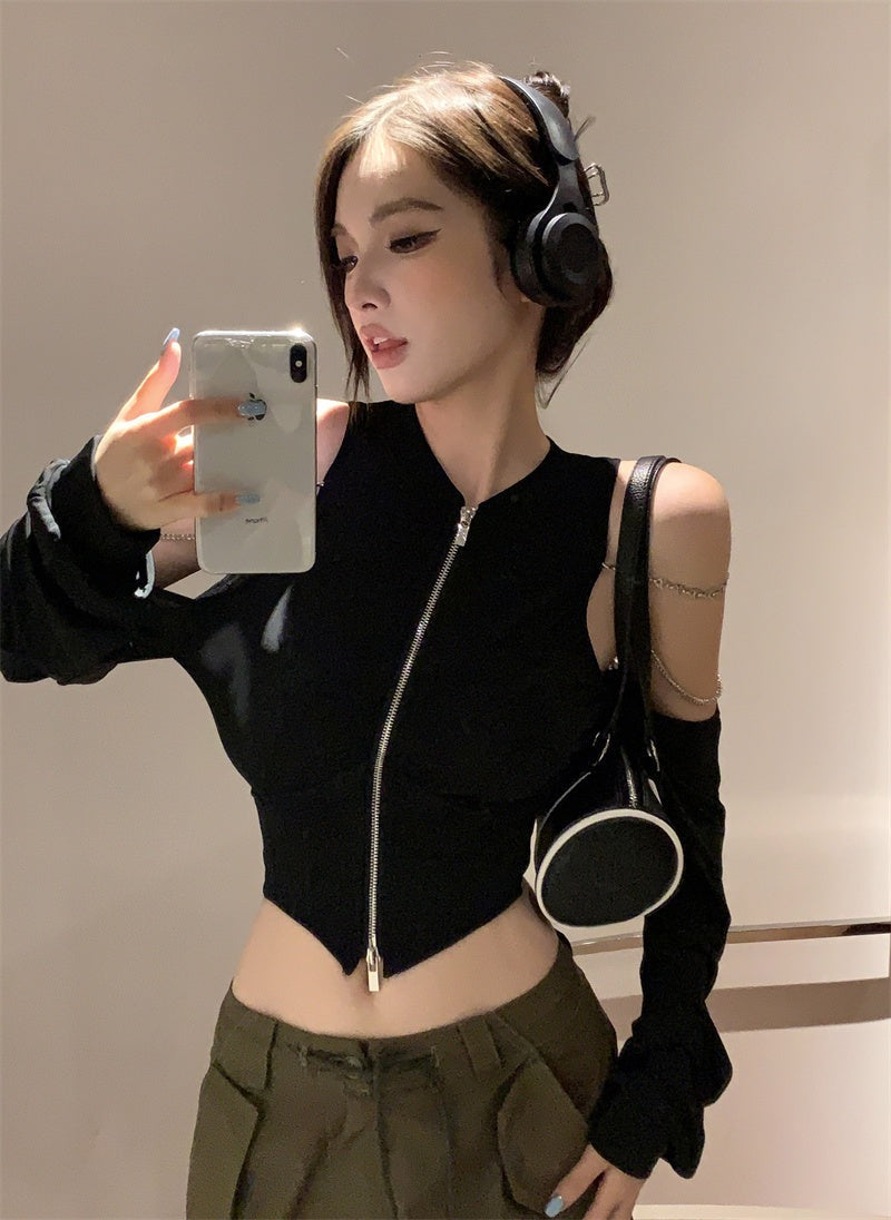 Chain Accent Zip Up Top