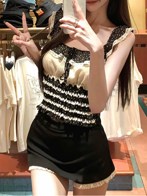 Polka Dot Lace Gathered Top