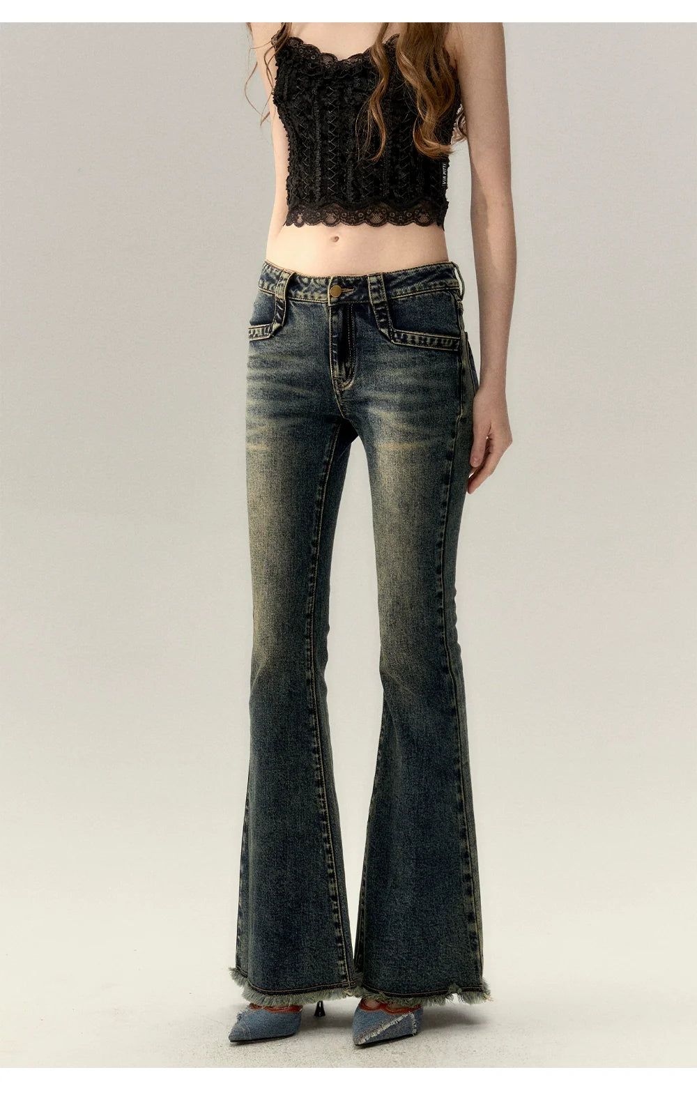 Dark Blue Denim Bow Wide-Leg Pants