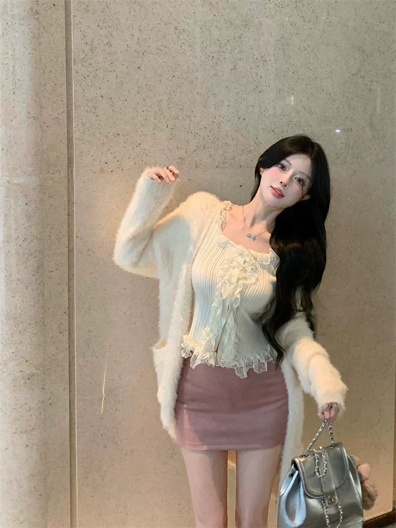 Cardigan Ruffle Top & Pink Skirt Set