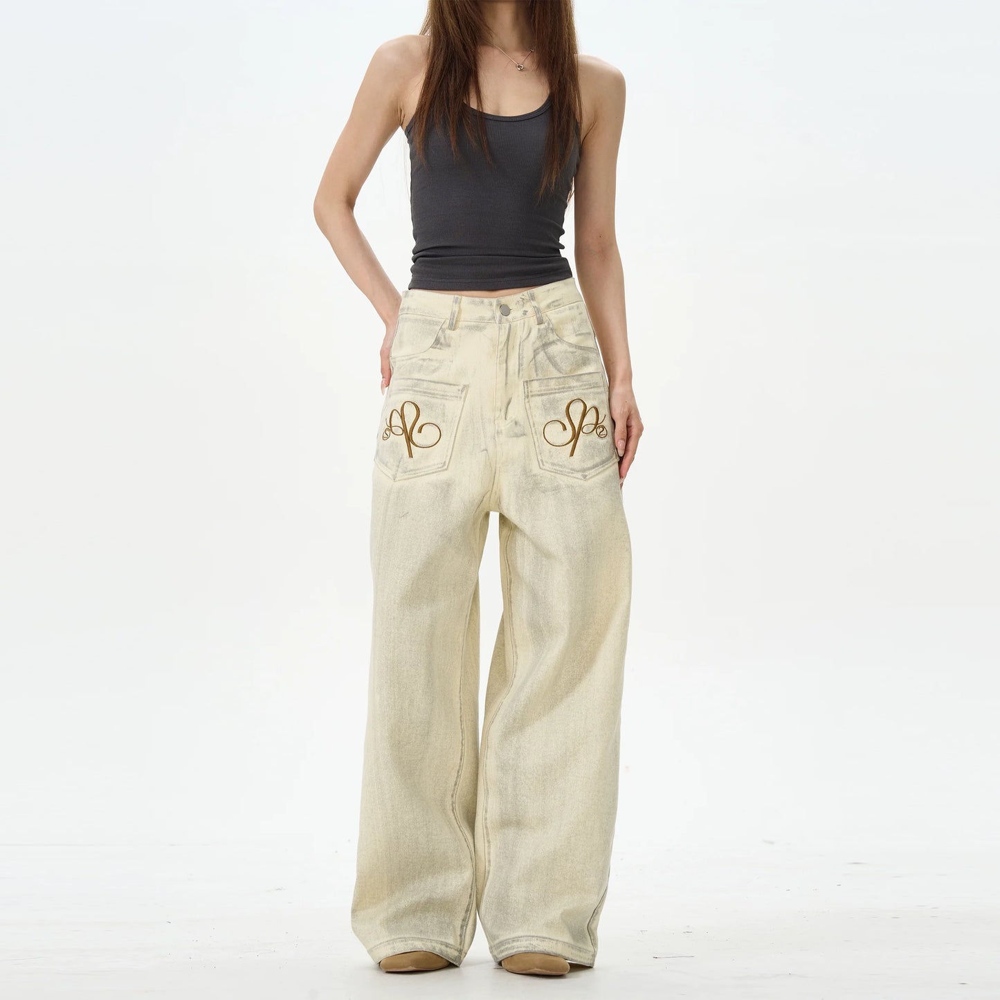 Embroidered Cream Wide Leg Pants