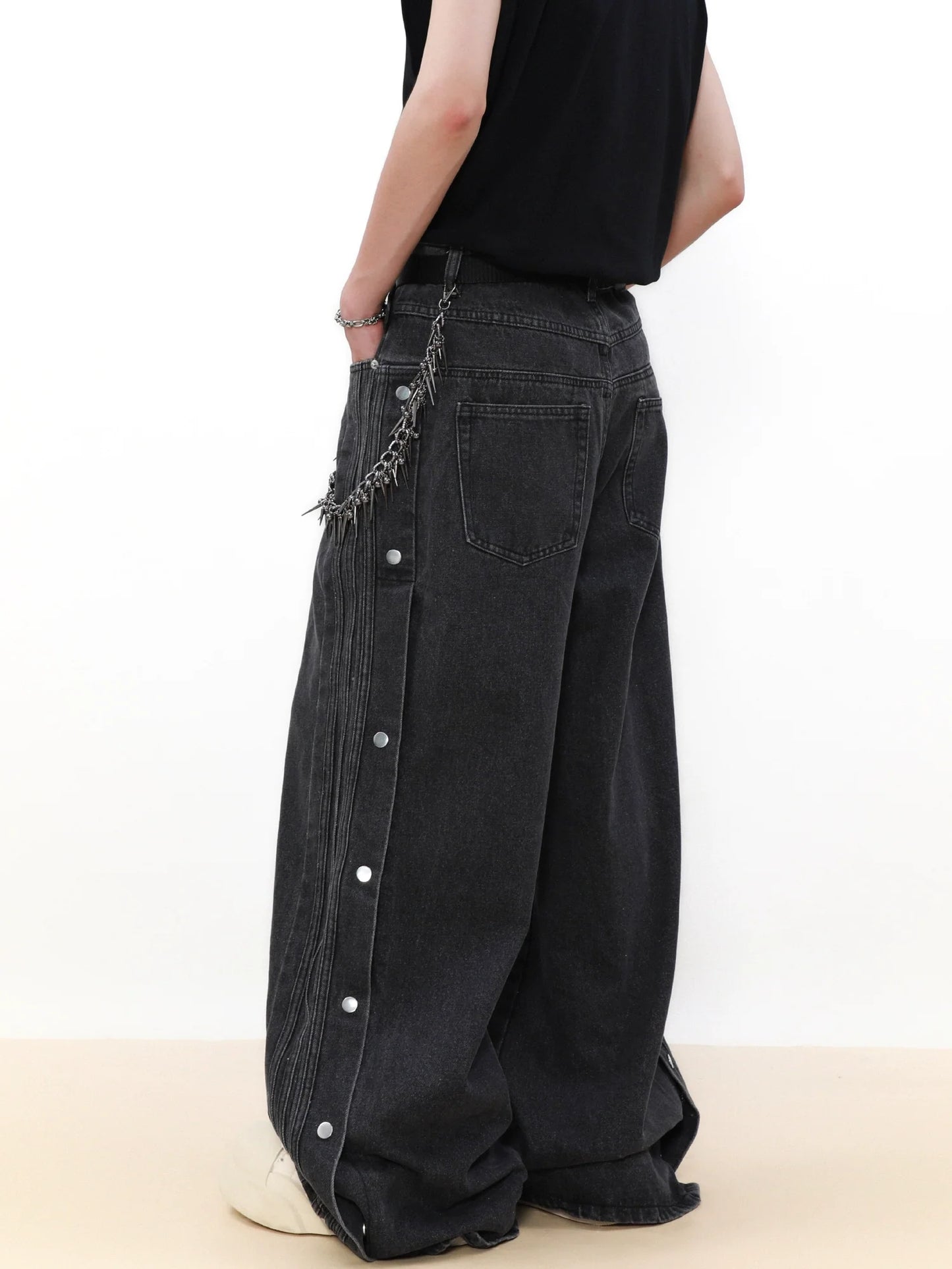 Washed Striped Patchwork Straight Leg Denim Jeans
