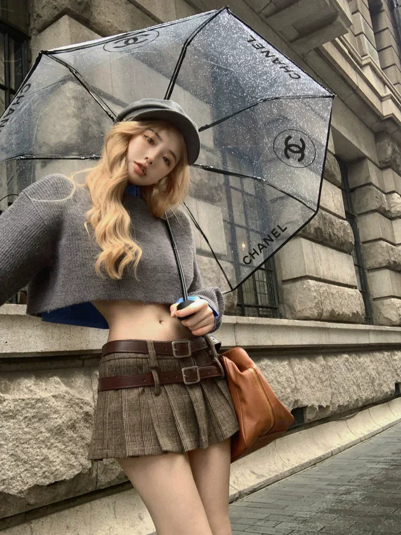 Blue Gray Sweater & Double Belt Skirt Set