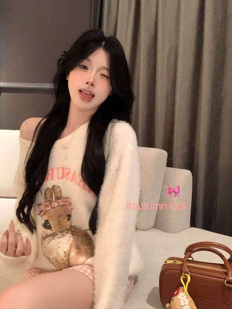 Bunny Sweater & Pink Plaid Skirt Set