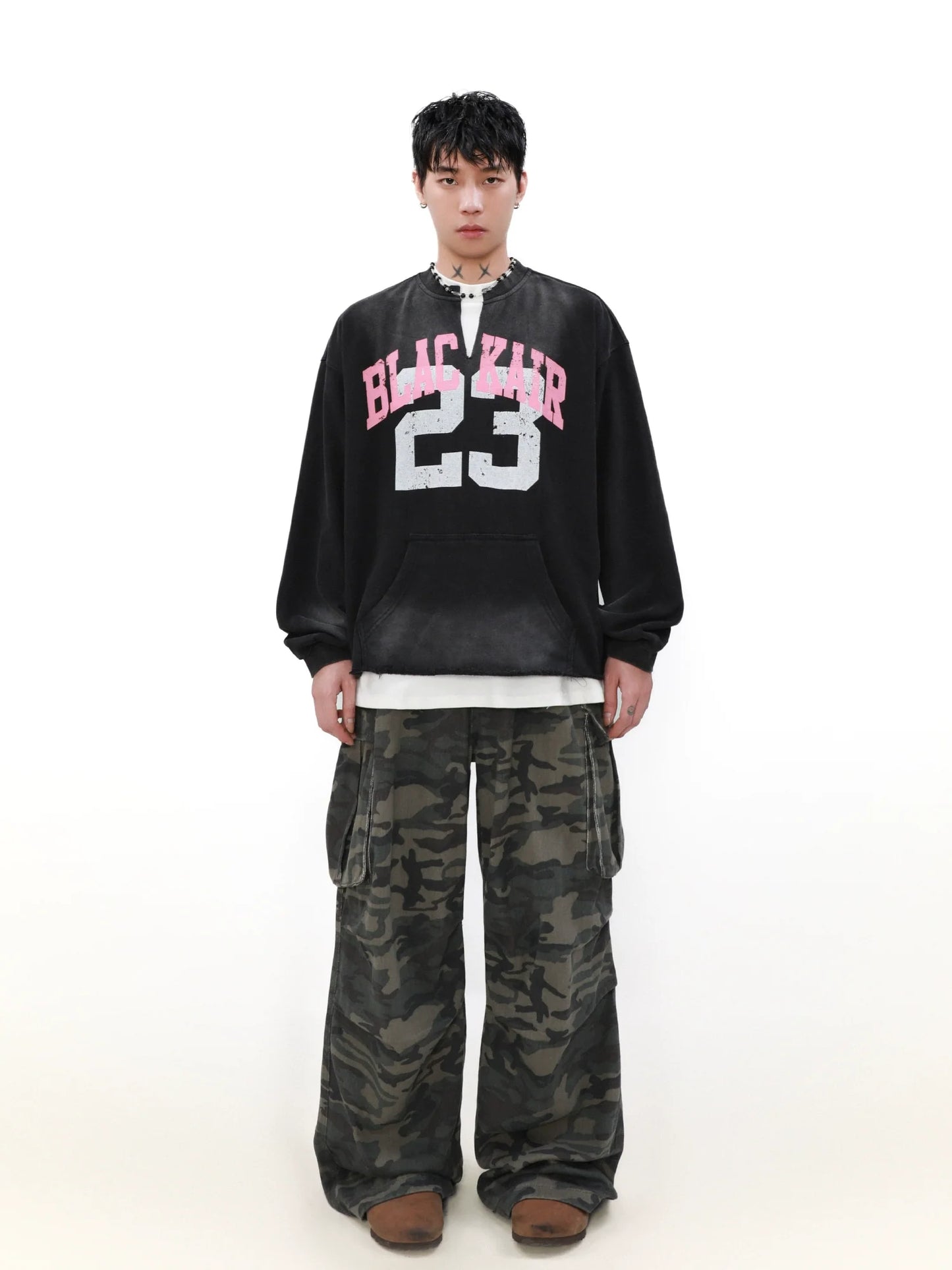 Cut-off Slit Round Neck Sweatshirt