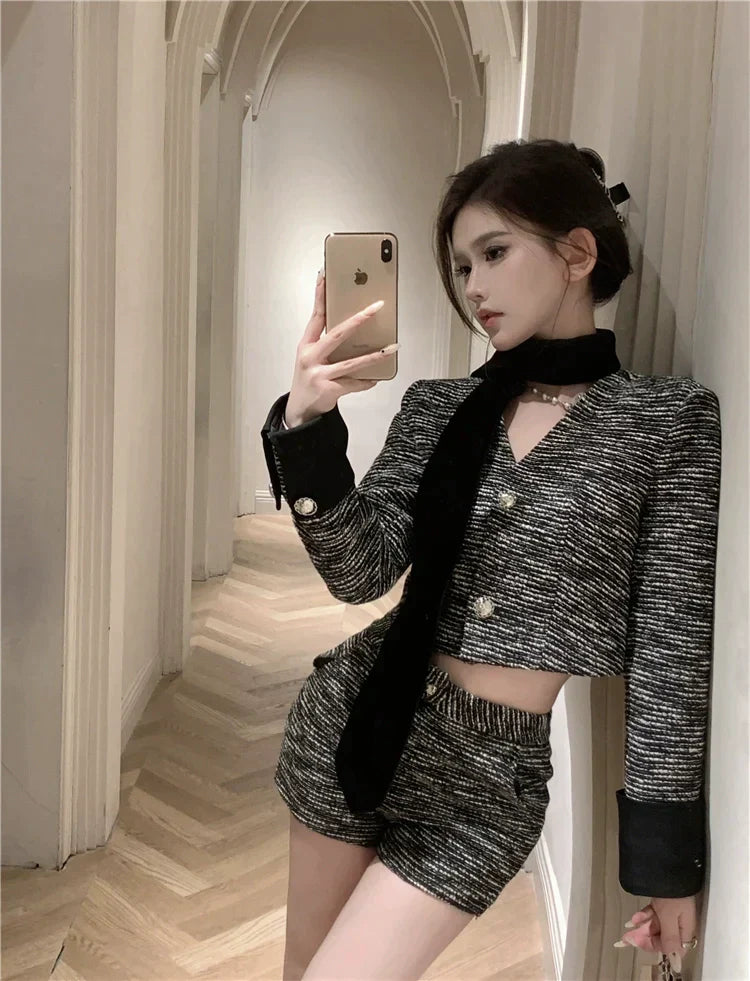 Button Tweed Jacket & Shorts Set