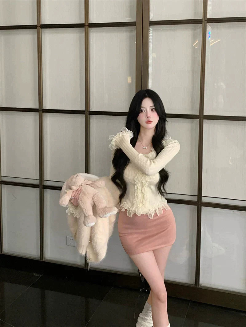 Cardigan Ruffle Top & Pink Skirt Set