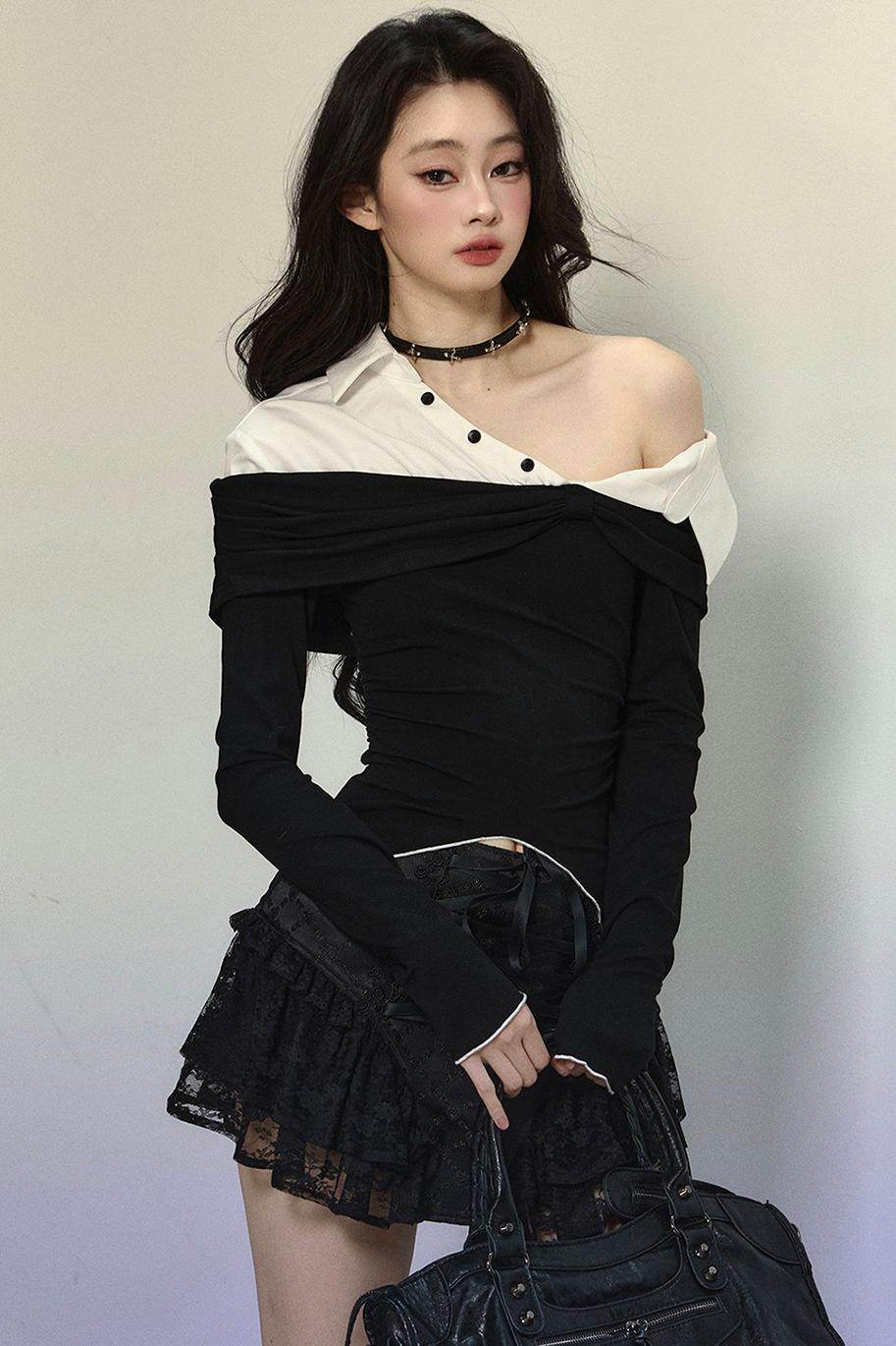Off-Shoulder Layered Slim Top - My Store