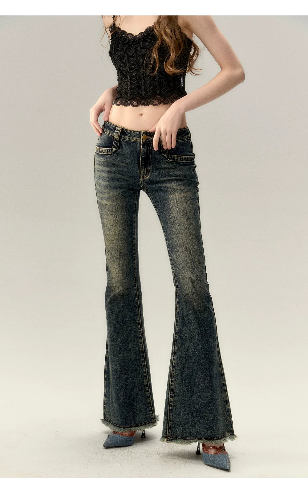 Dark Blue Denim Bow Wide-Leg Pants