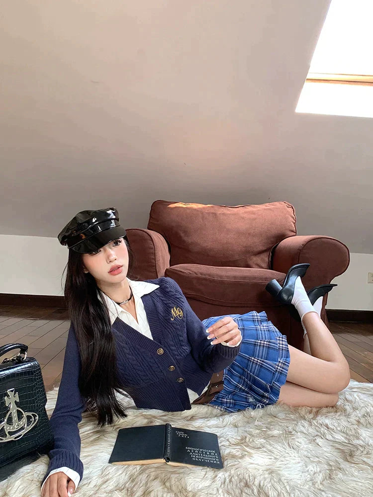Navy Cardigan Blouse & Blue Plaid Skirt + Belt