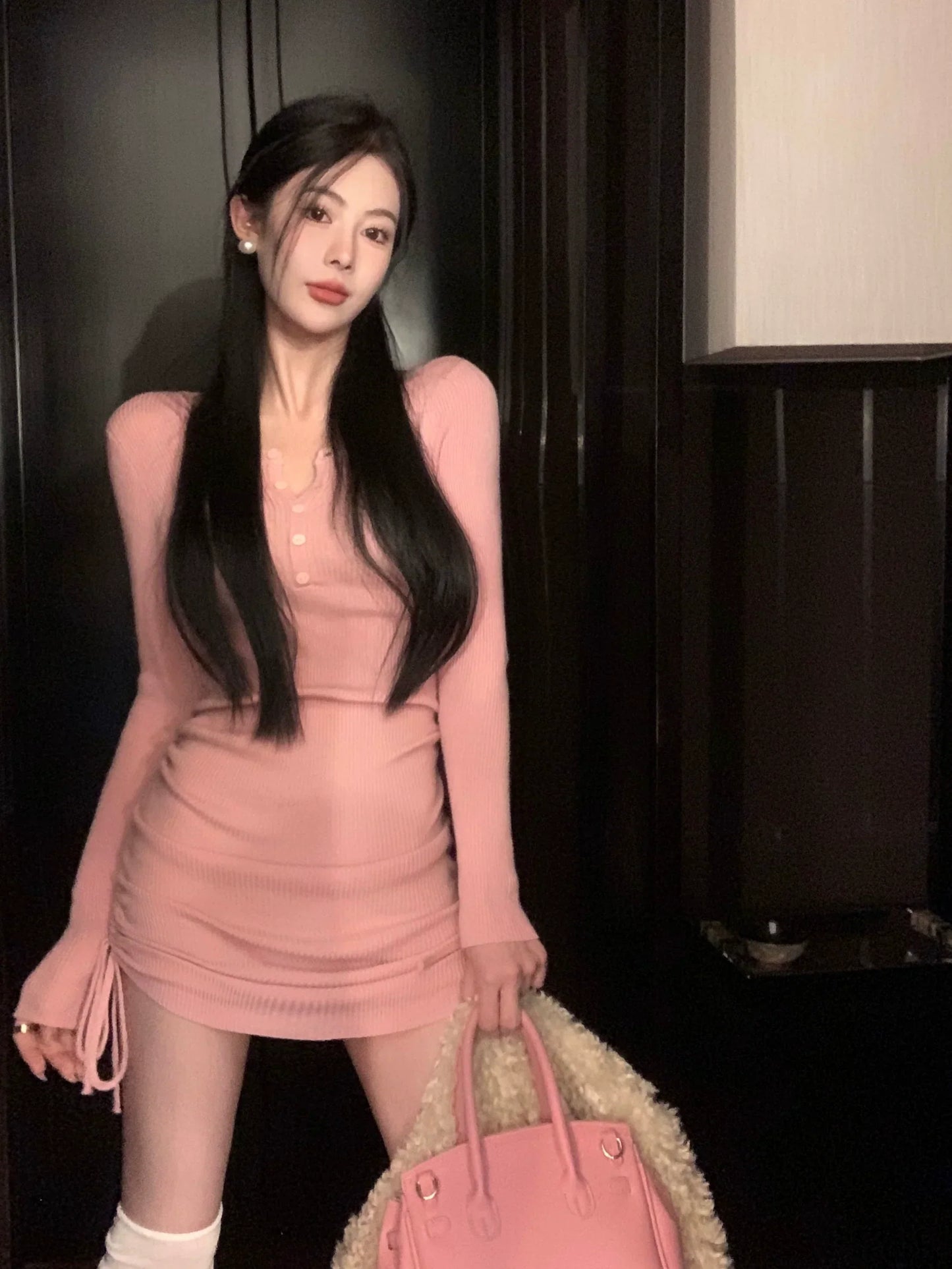 ルーシュロングスリーブドレス