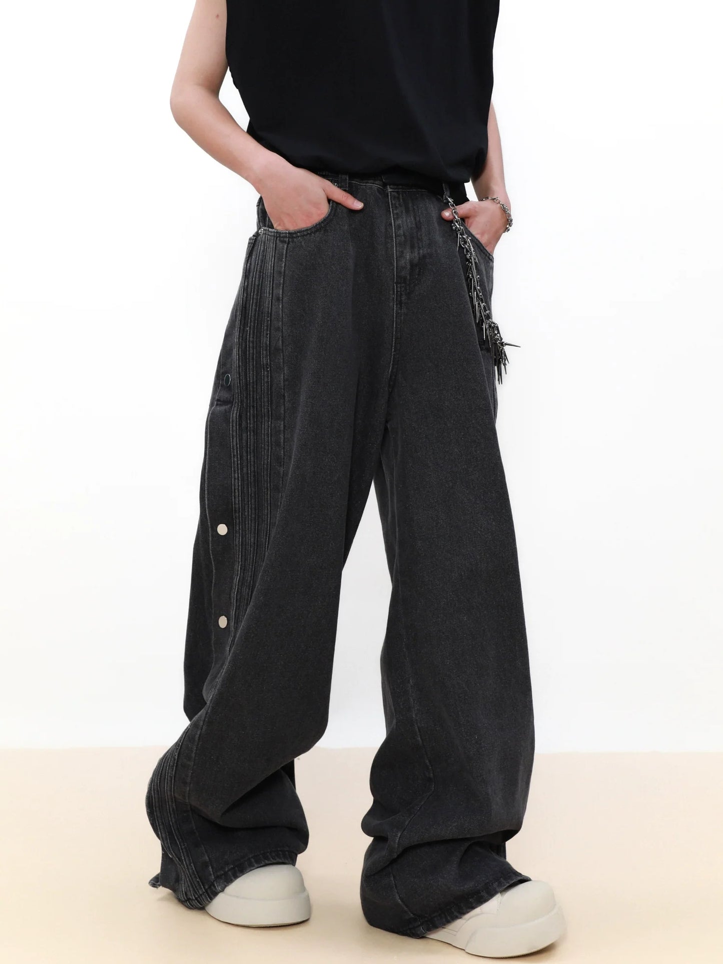 Washed Striped Patchwork Straight Leg Denim Jeans
