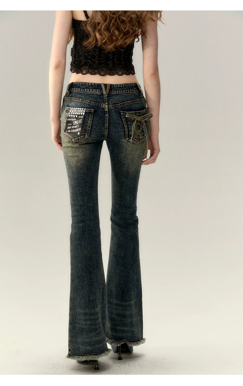 Dark Blue Denim Bow Wide-Leg Pants
