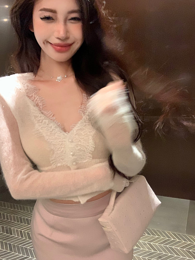 Lace Cardigan & Pink Skirt Set