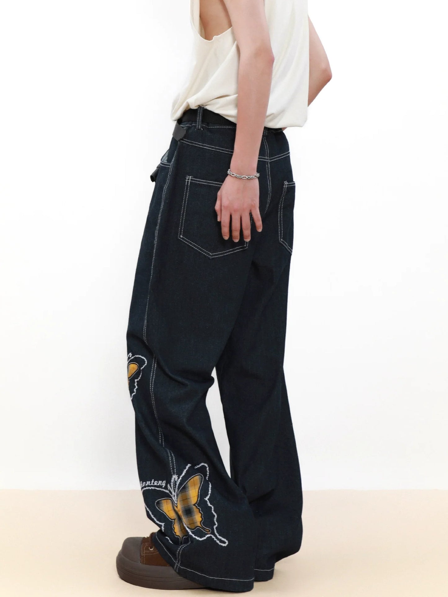 Butterfly Embroidery Straight Leg Denim Jeans
