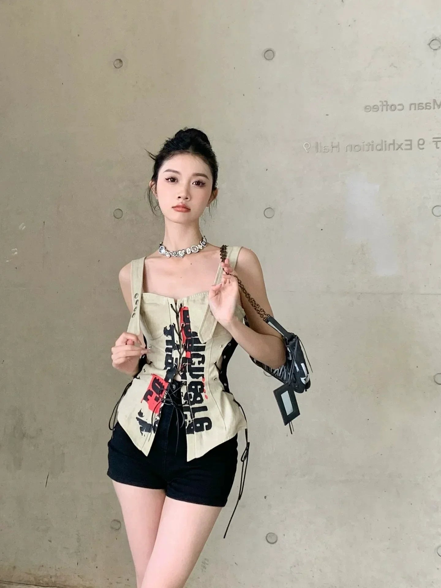 Graphic Print Lace Up Top
