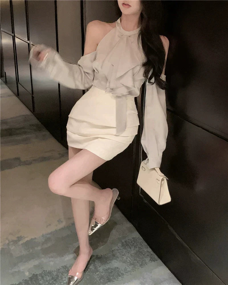 Silk Top & White Skirt Set