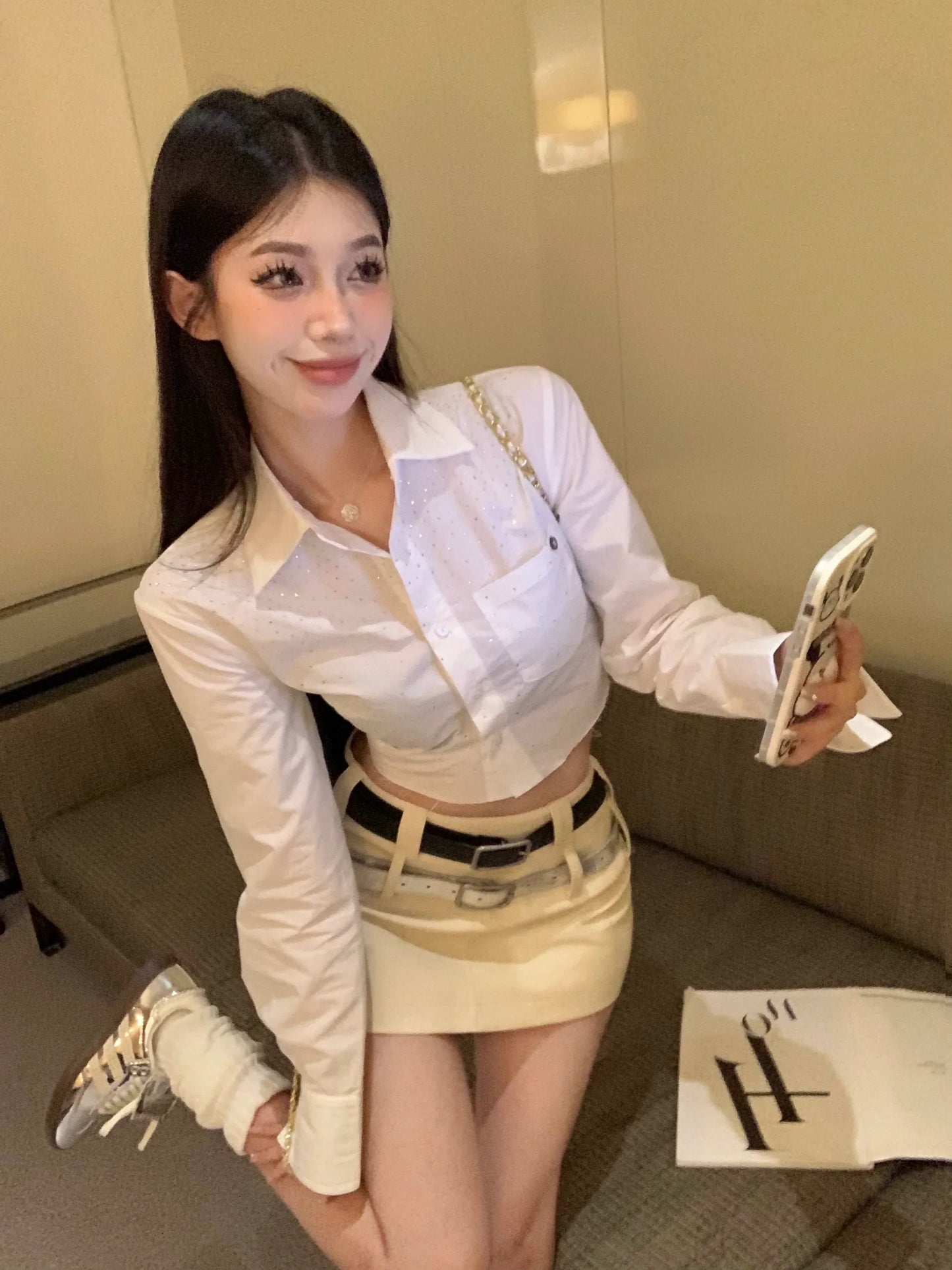 White Blouse Top & Double Belt Skirt