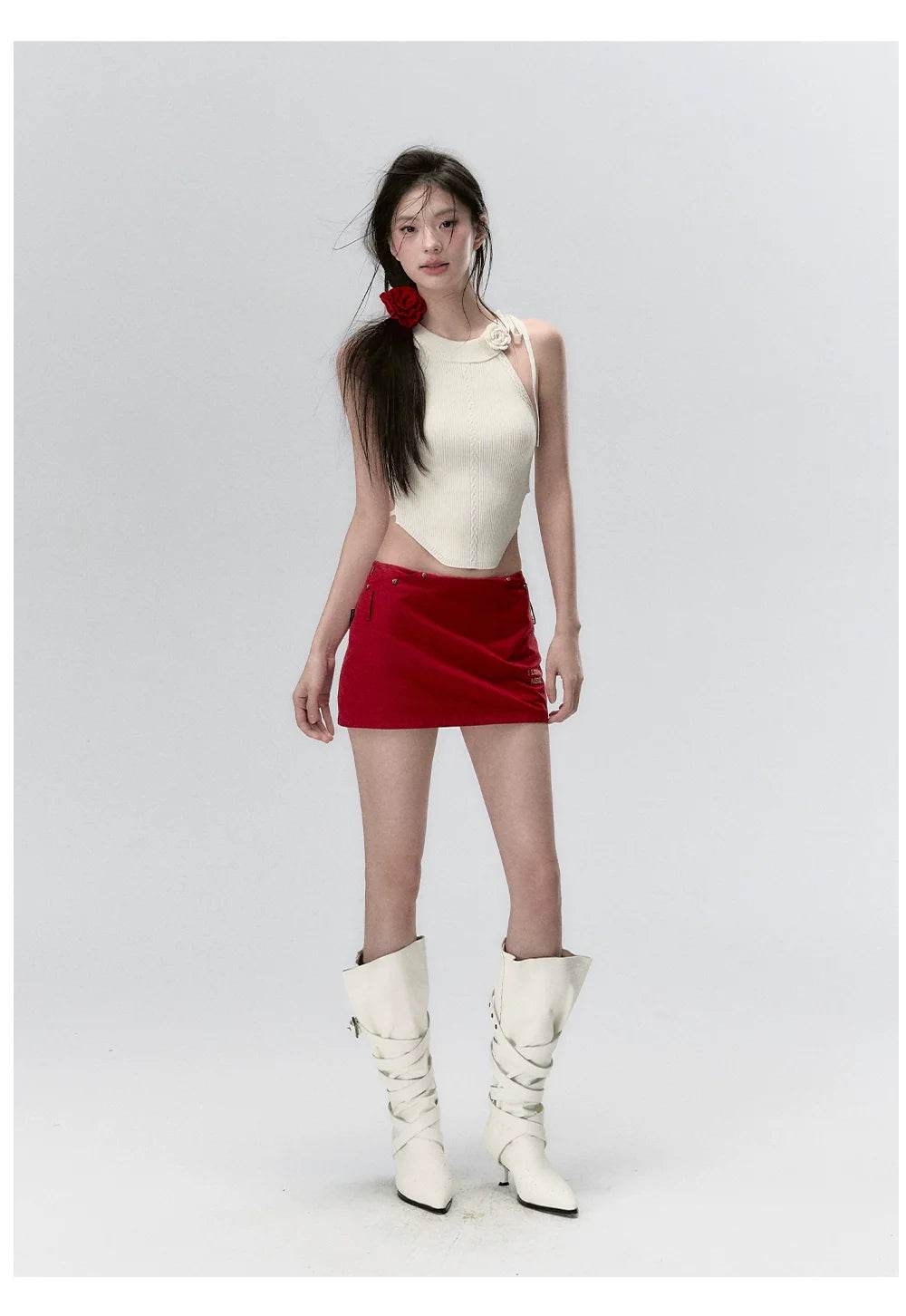 Red & Beige Rose Decor Crewneck Knitted Vest - My Store
