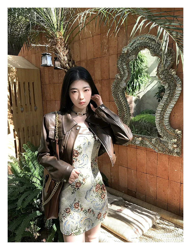 Embroidered Dress & Leather Jacket Set