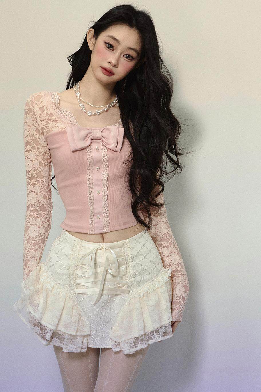 Thin Lace Knit V-Neck Top - My Store