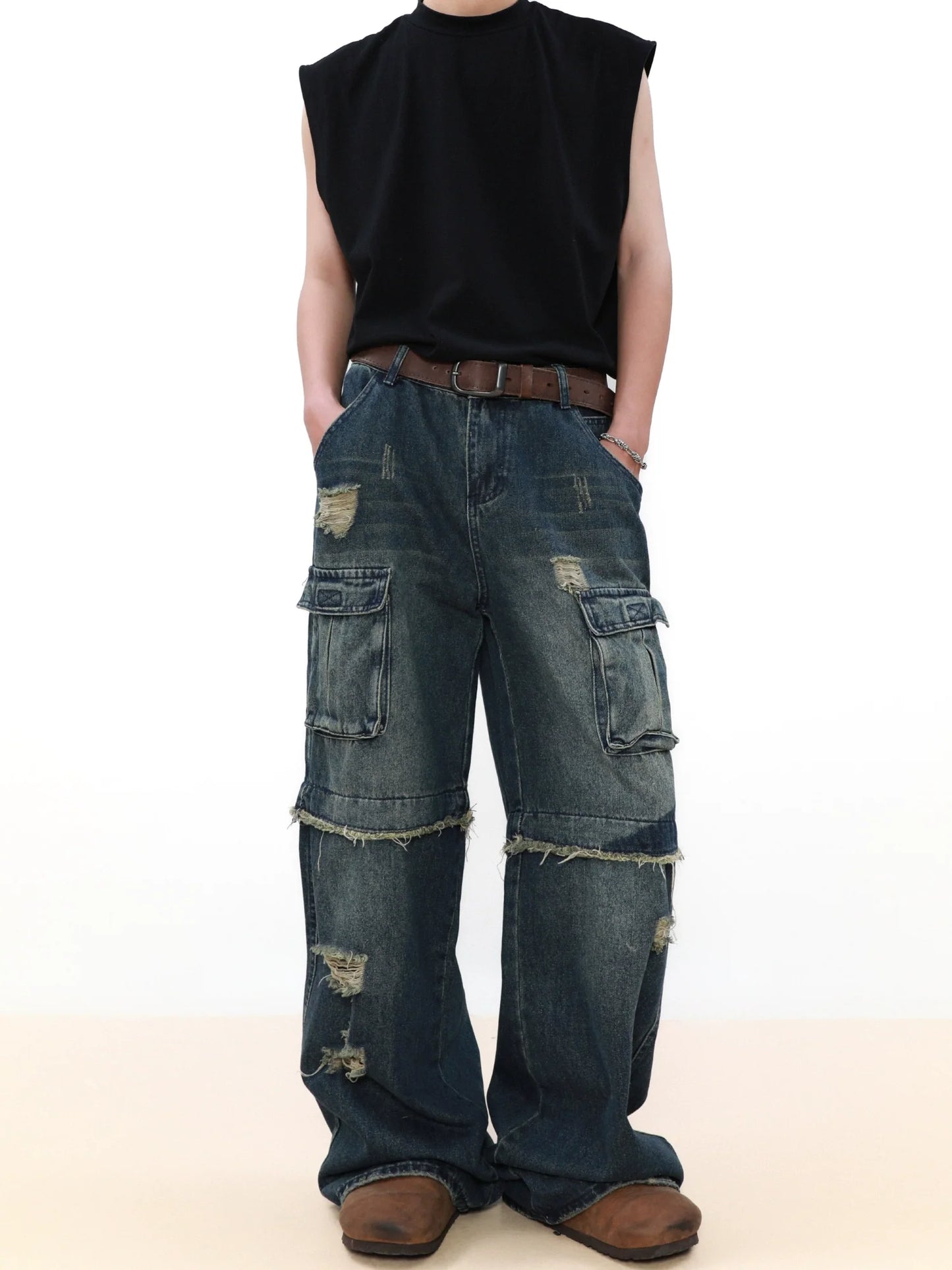 Damage Multi Pocket Straight Leg Denim Jeans