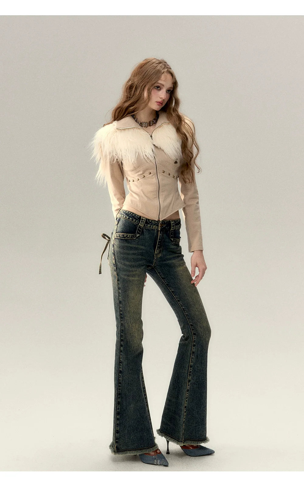 Dark Blue Denim Bow Wide-Leg Pants