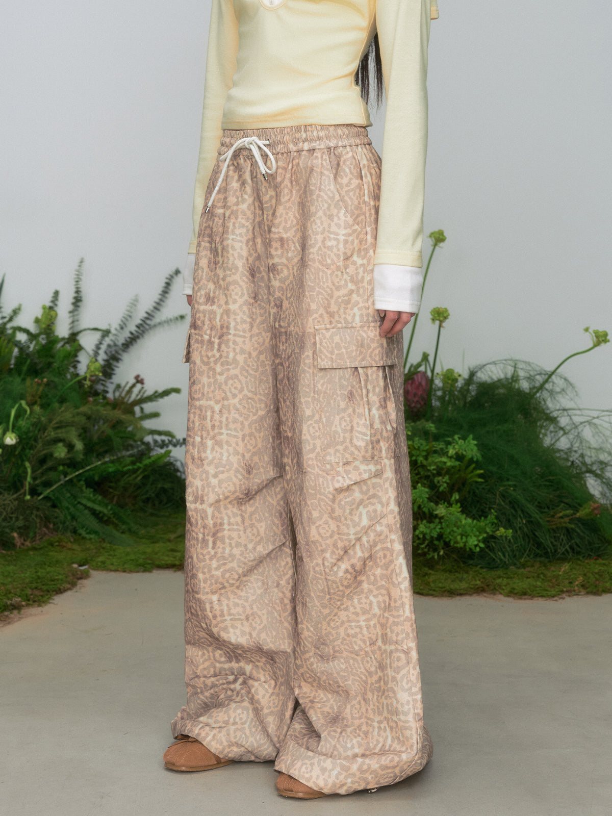 Leopard Print Cargo Drawstring Wide-Leg Pants