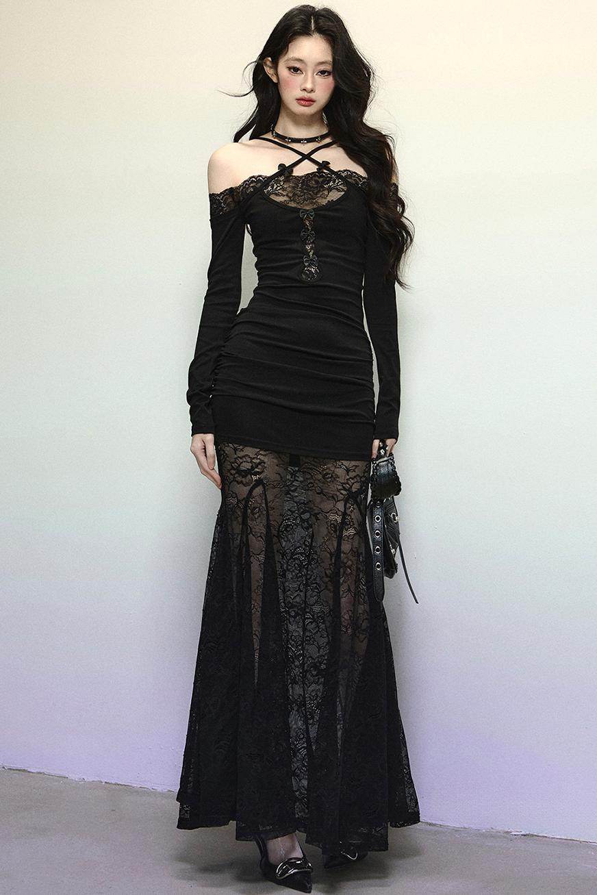 Elegant Lace Halter Long Dress - My Store