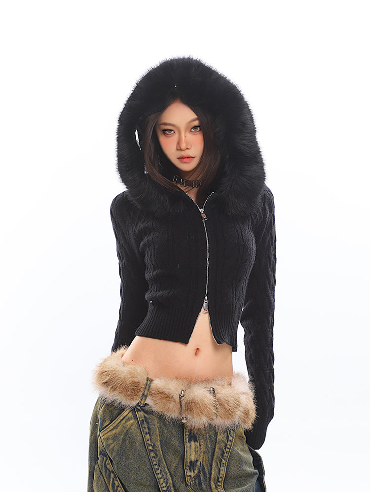 ファーフード付きクロップドカーディガン