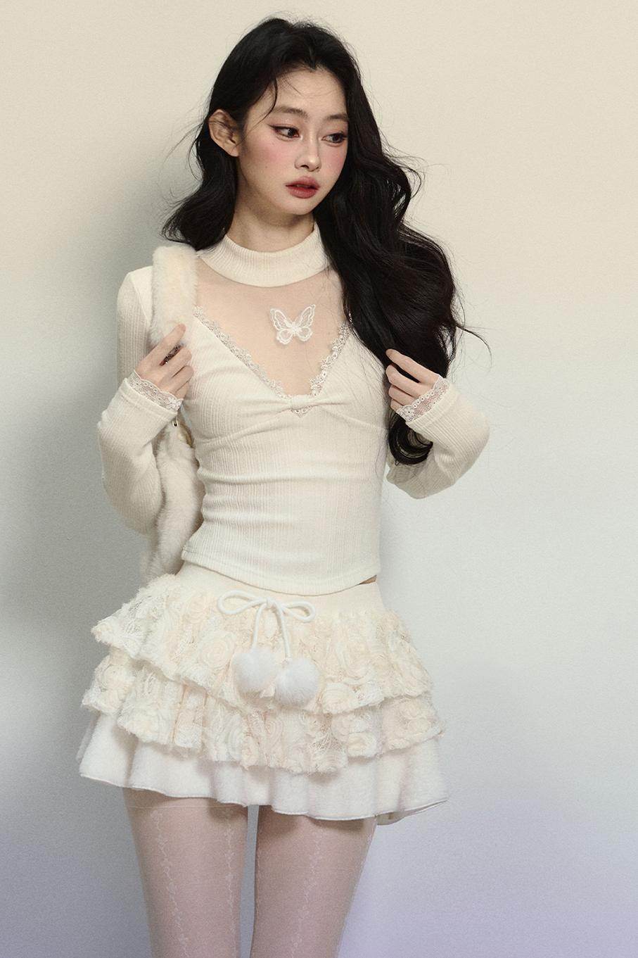 Lace V-Neck Knit Top - My Store