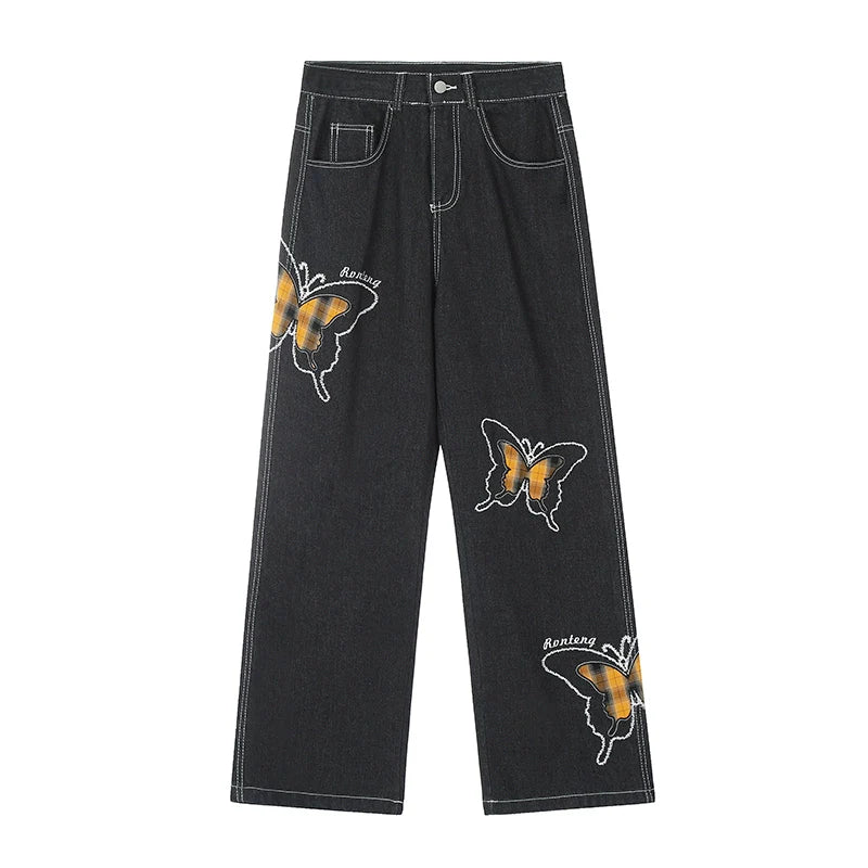 Butterfly Embroidery Straight Leg Denim Jeans