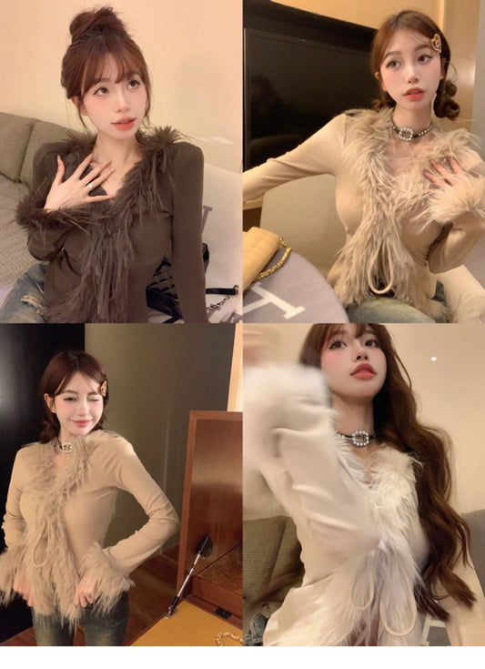 ファーカーディガントップス