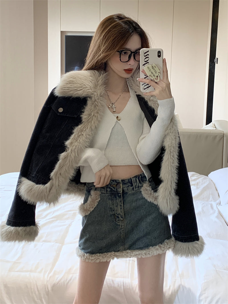 Grunge Fur Lined Denim Coat