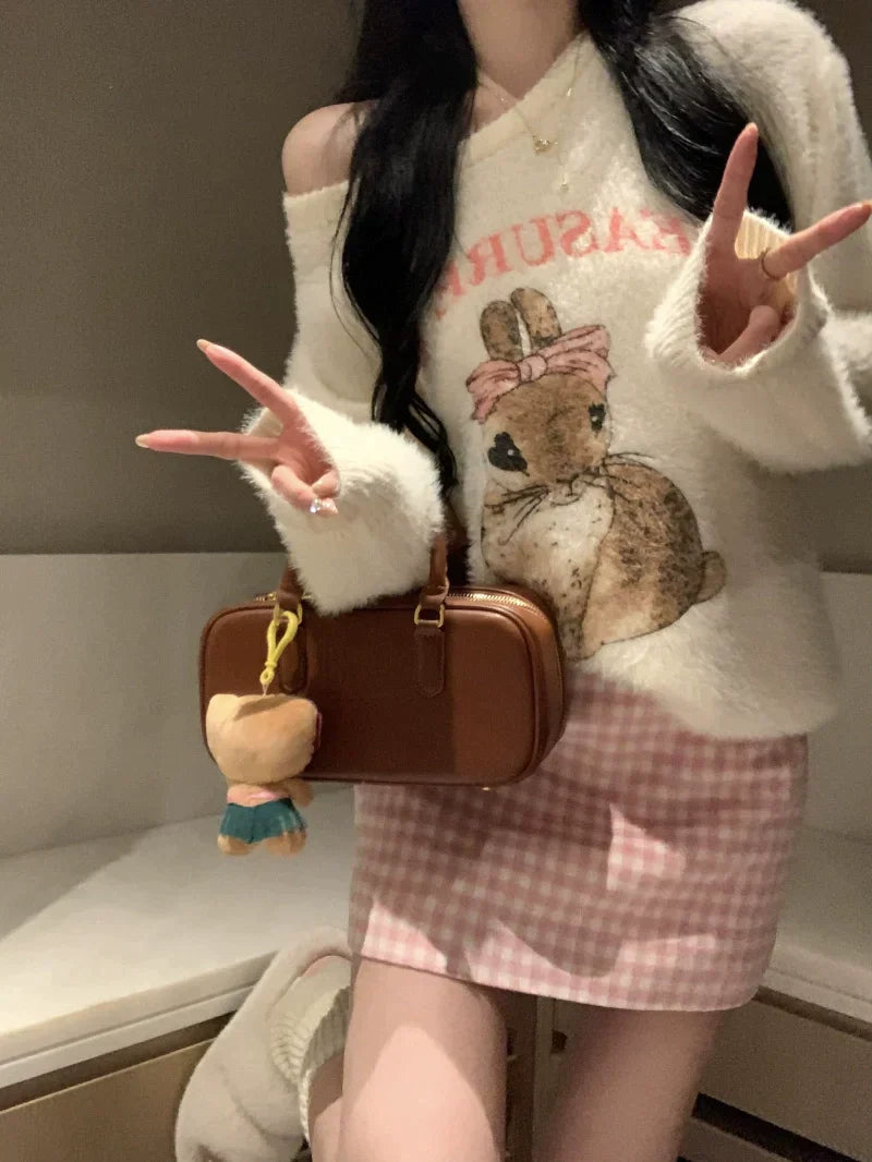 Bunny Sweater & Pink Plaid Skirt Set