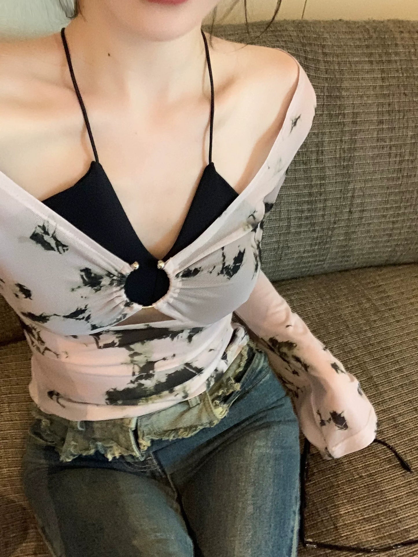 Black Bra & Print Long Sleeve Top