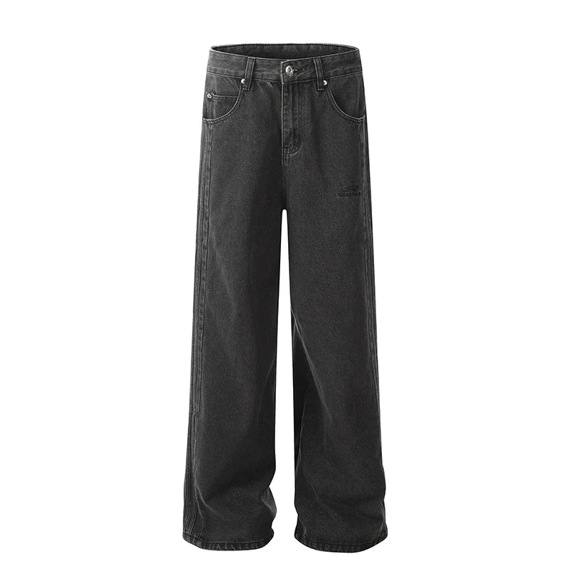 Washed Striped Patchwork Straight Leg Denim Jeans