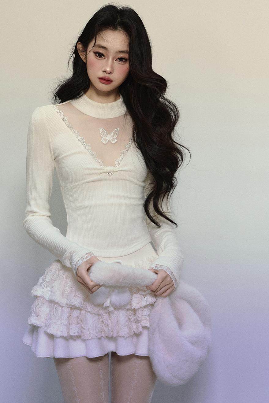 Lace V-Neck Knit Top - My Store