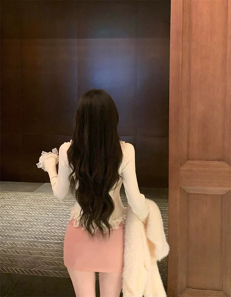 Cardigan Ruffle Top & Pink Skirt Set