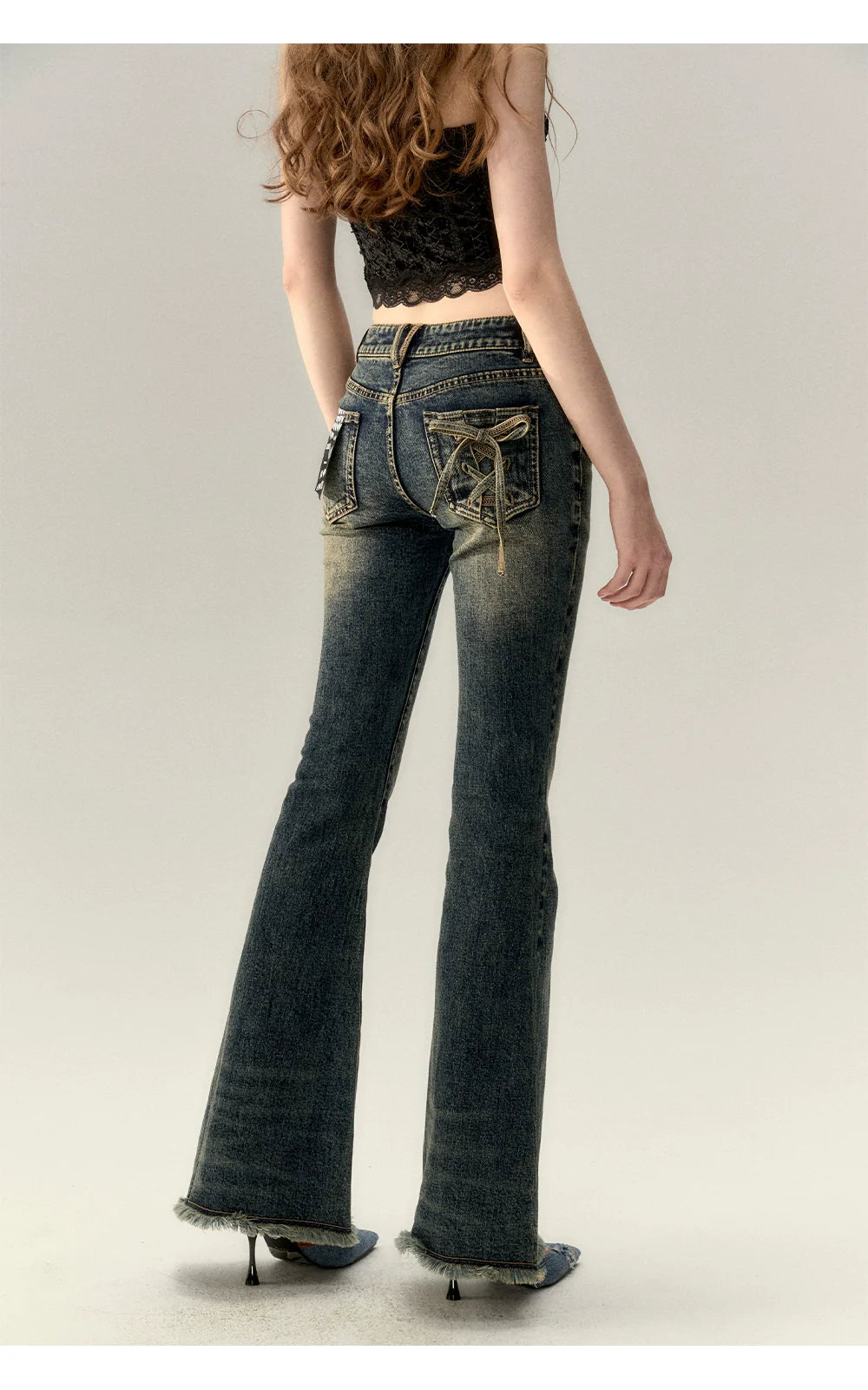 Dark Blue Denim Bow Wide-Leg Pants