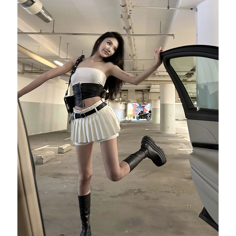 Belt Pleated Shorts Skirt