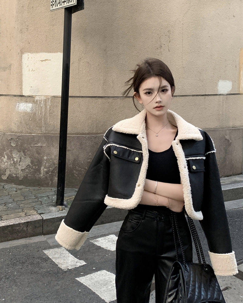Contrast Cropped Leather Jacket