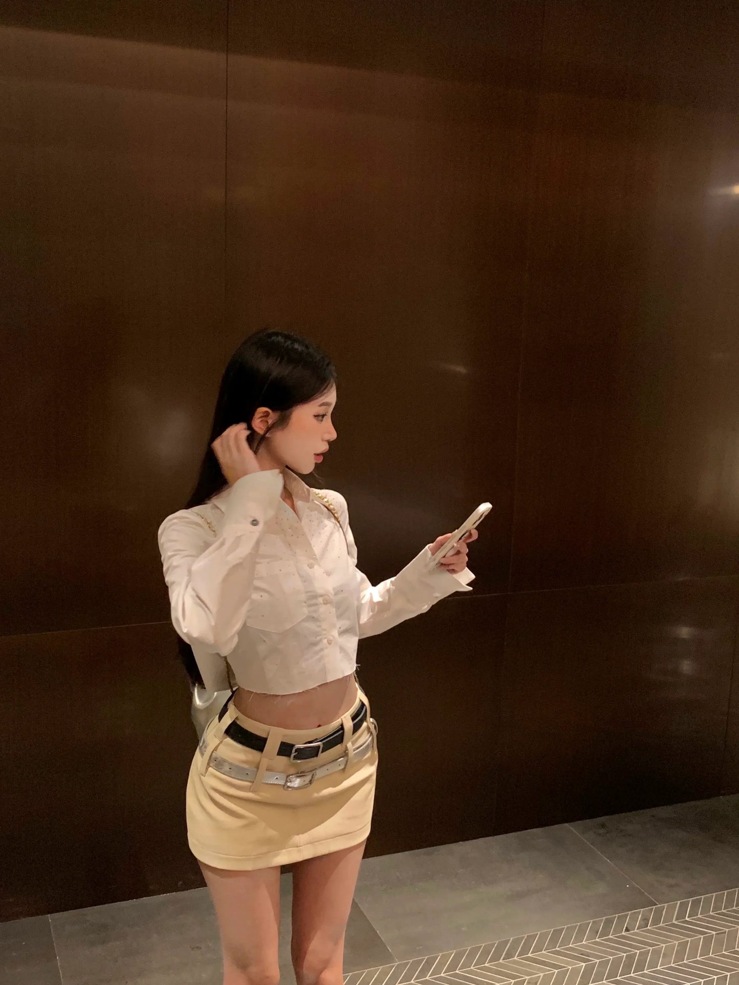 White Blouse Top & Double Belt Skirt