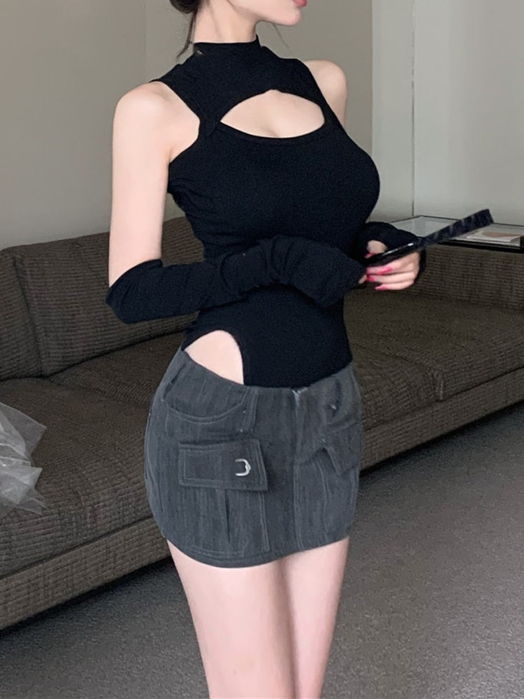 Black Crop Long Sleeve Top